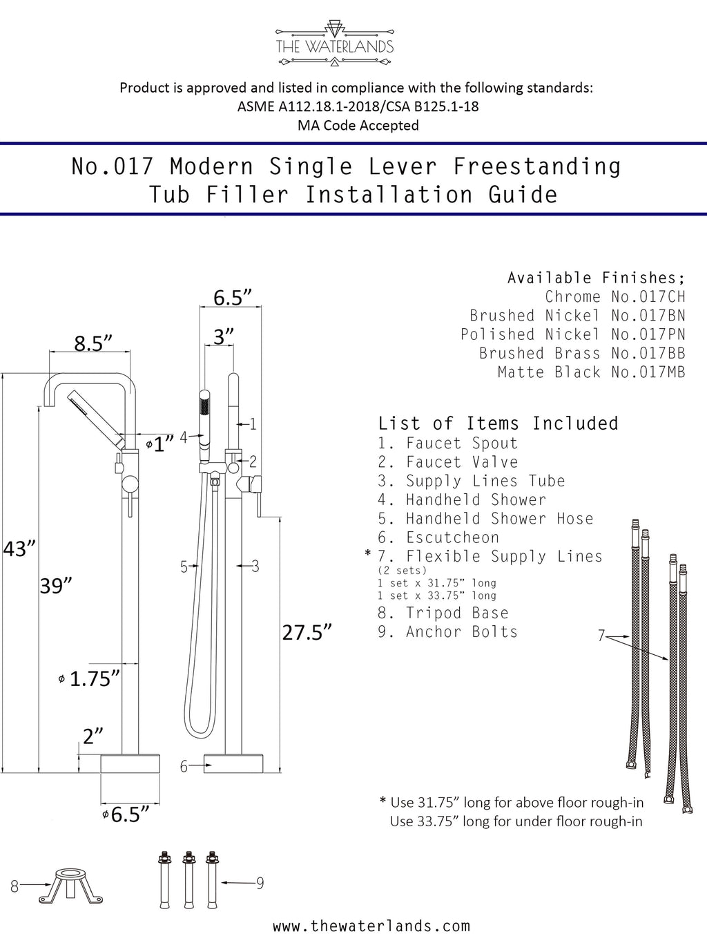 “The Waterlands No.017PN” Freestanding Floor Mounted Tub Faucet in Polished Nickel