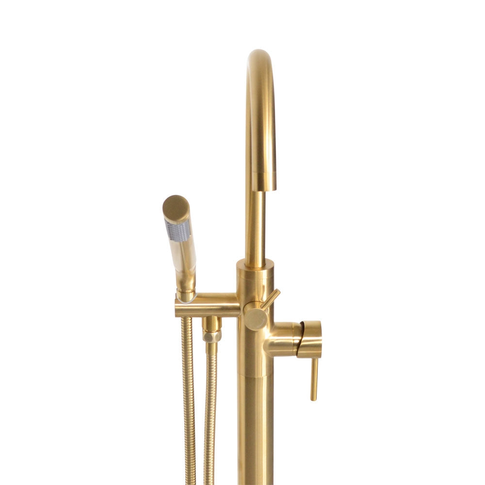 “The Waterlands No.172BB” Freestanding Floor Mounted Tub Faucet in Brushed Brass