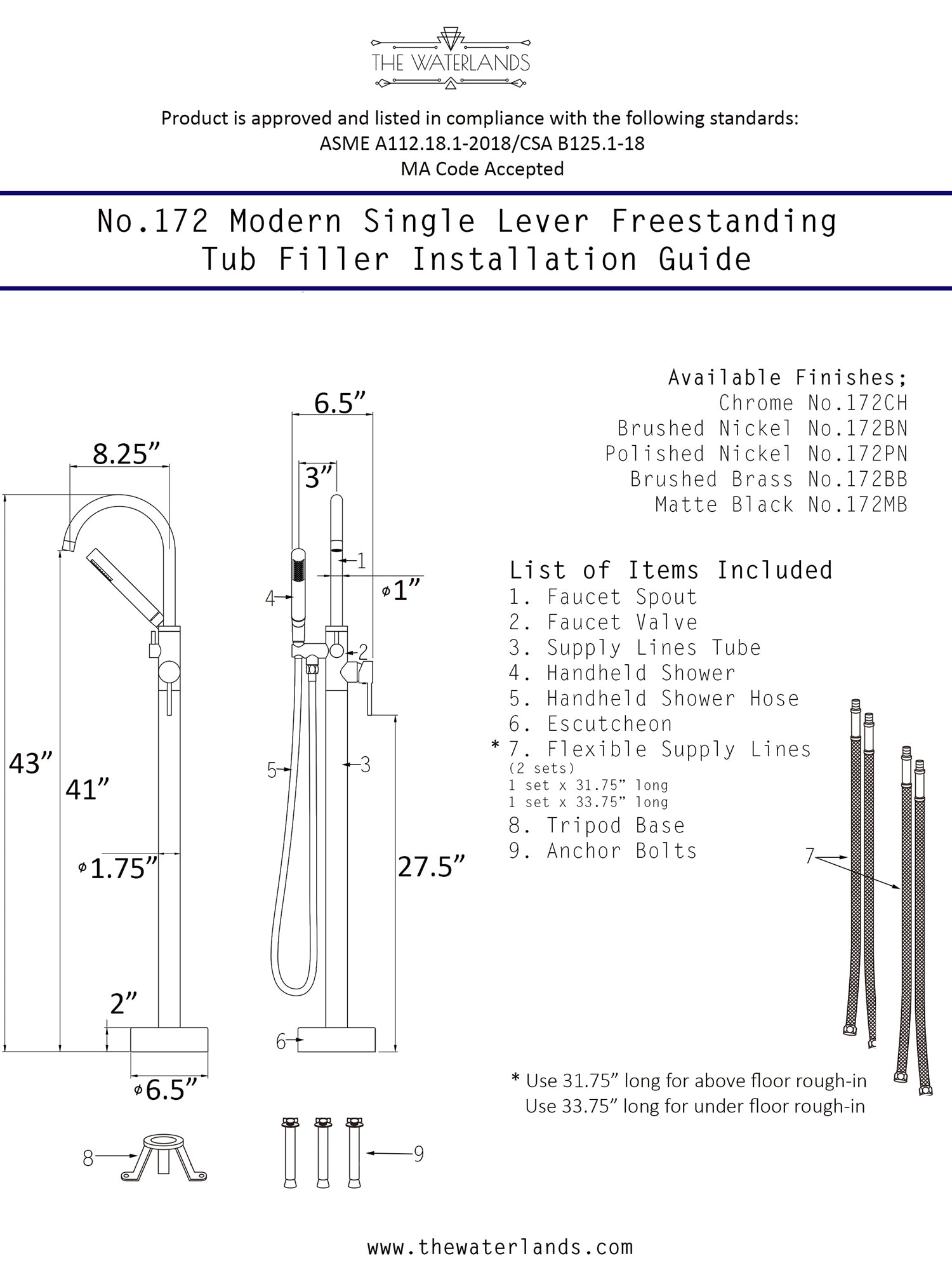 “The Waterlands No.172BB” Freestanding Floor Mounted Tub Faucet in Brushed Brass