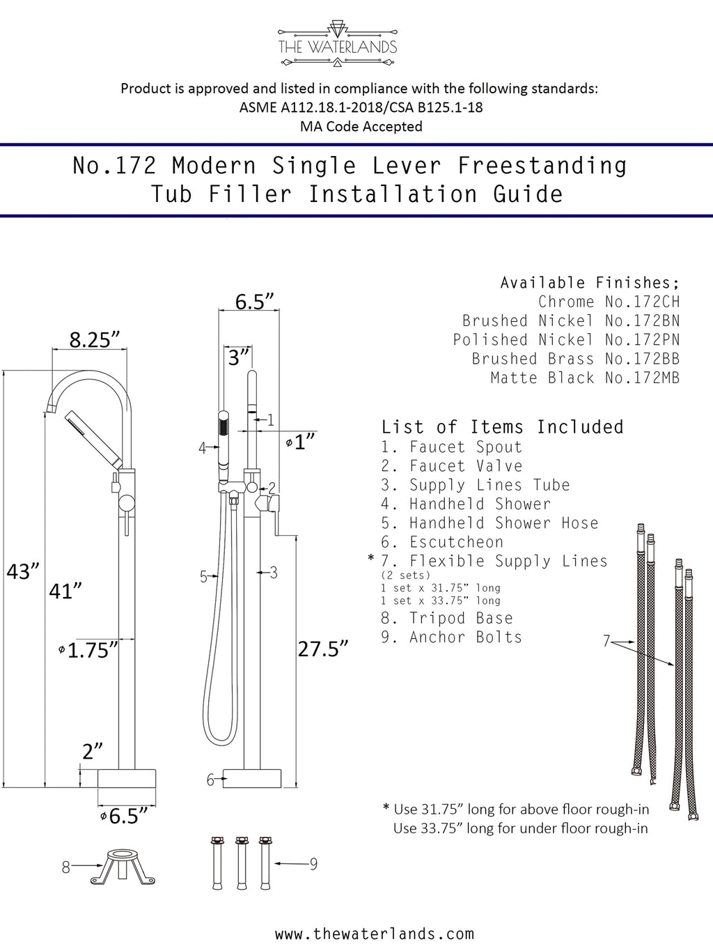 “The Waterlands No.172PC” Freestanding Floor Mounted Tub Faucet in Polished Chrome