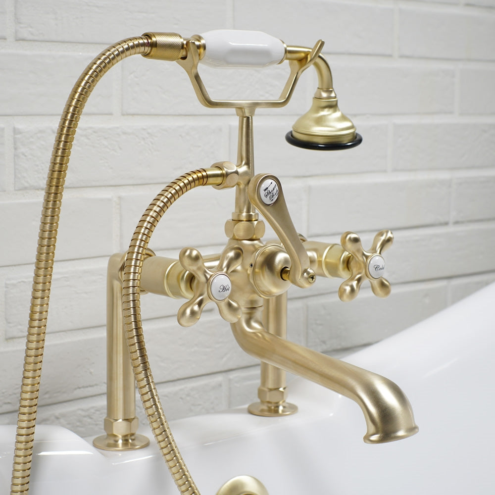 “Victoriana Deck Mounted British Telephone Style Tub Faucet” with Handheld Shower in Brushed Brass