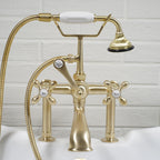 “Victoriana Deck Mounted British Telephone Style Tub Faucet” with Handheld Shower in Brushed Brass