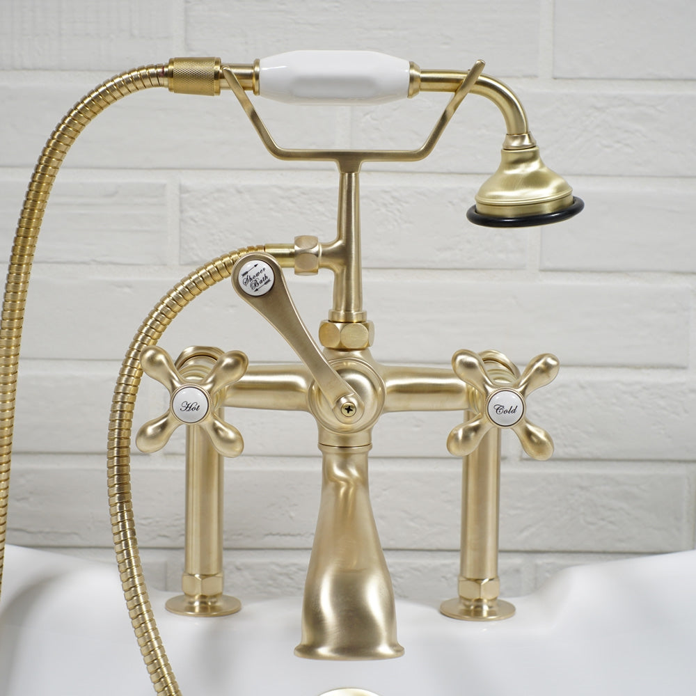 “Victoriana Deck Mounted British Telephone Style Tub Faucet” with Handheld Shower in Brushed Brass