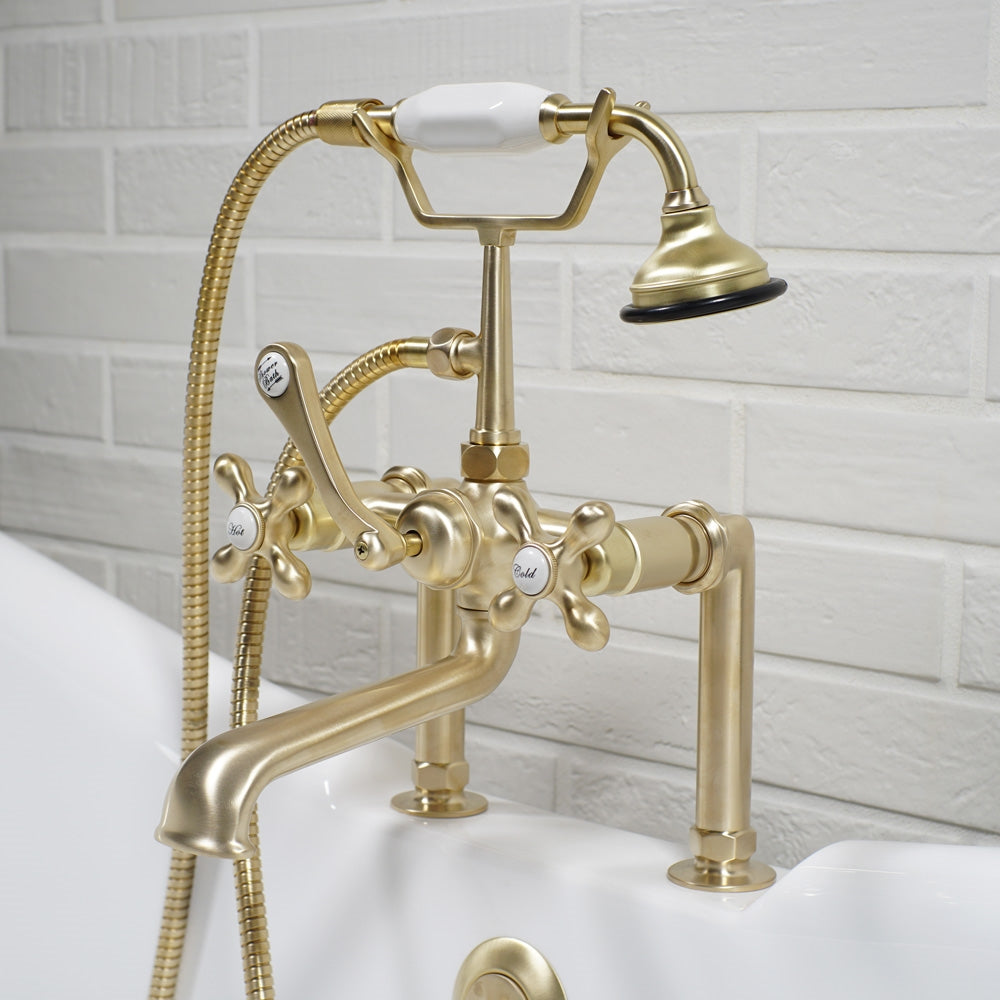 “Victoriana Deck Mounted British Telephone Style Tub Faucet” with Handheld Shower in Brushed Brass