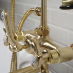 “Victoriana Deck Mounted British Telephone Style Tub Faucet” with Handheld Shower in Brushed Brass