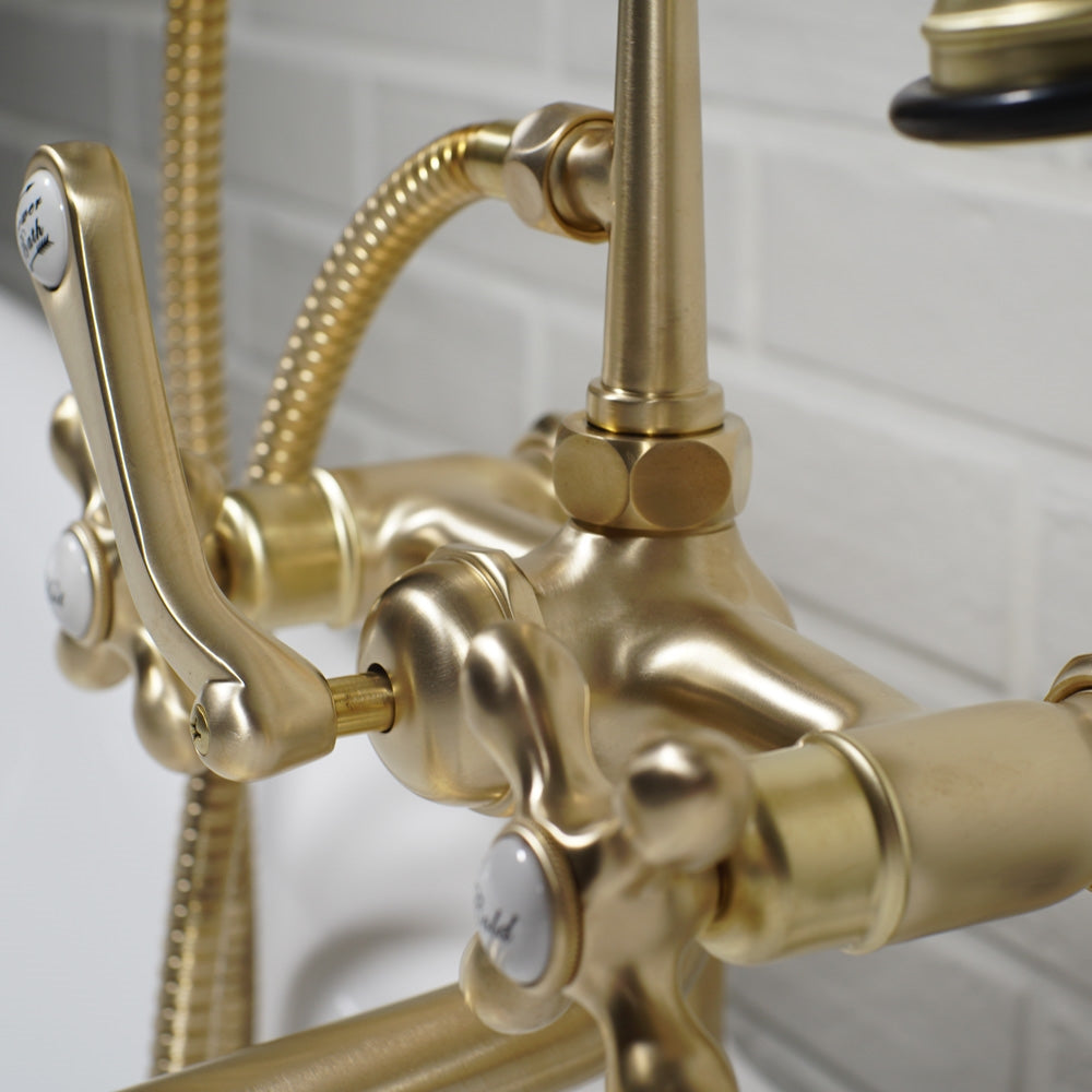 “Victoriana Deck Mounted British Telephone Style Tub Faucet” with Handheld Shower in Brushed Brass
