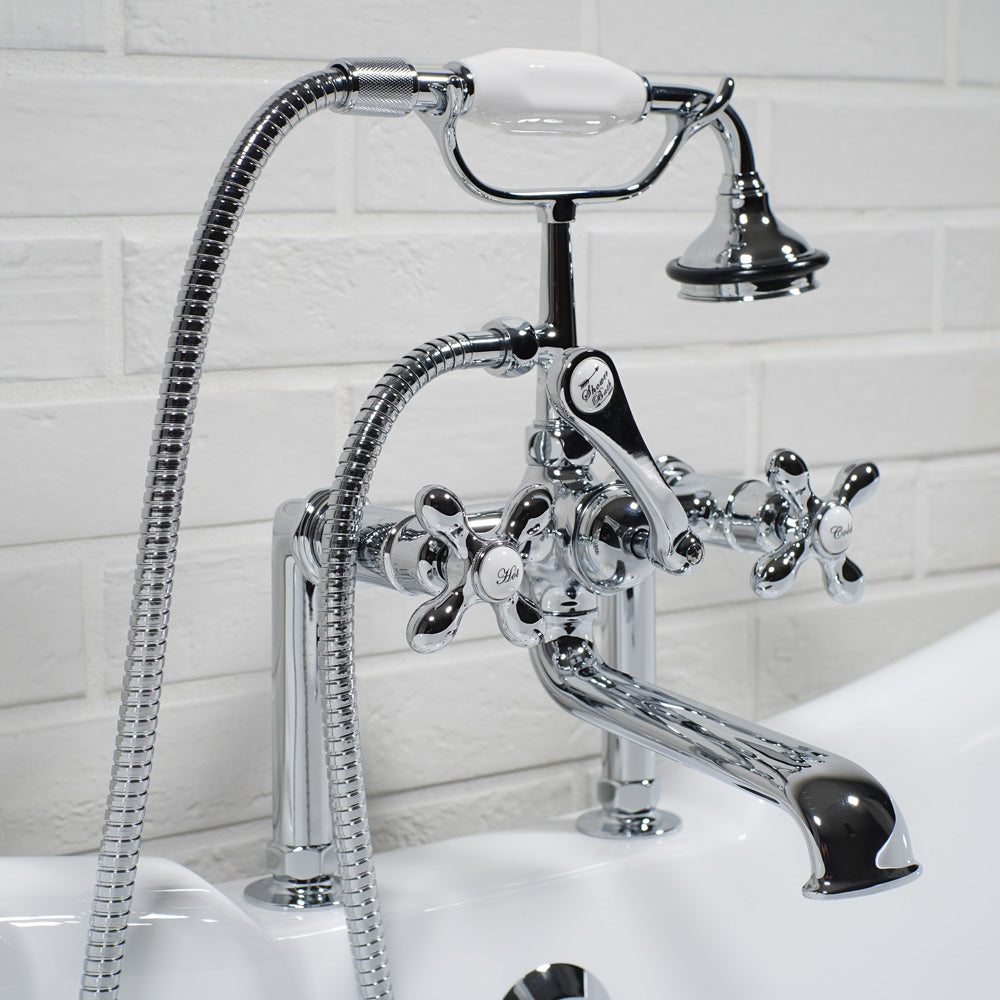 “Victoriana Deck Mounted British Telephone Style Tub Faucet” with Handheld Shower in Chrome