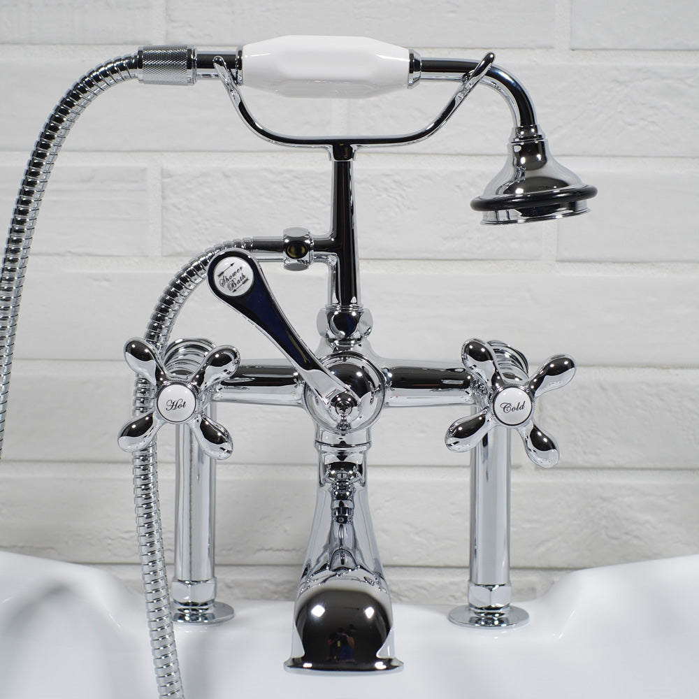“Victoriana Deck Mounted British Telephone Style Tub Faucet” with Handheld Shower in Chrome