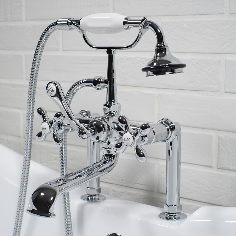 “Victoriana Deck Mounted British Telephone Style Tub Faucet” with Handheld Shower in Chrome