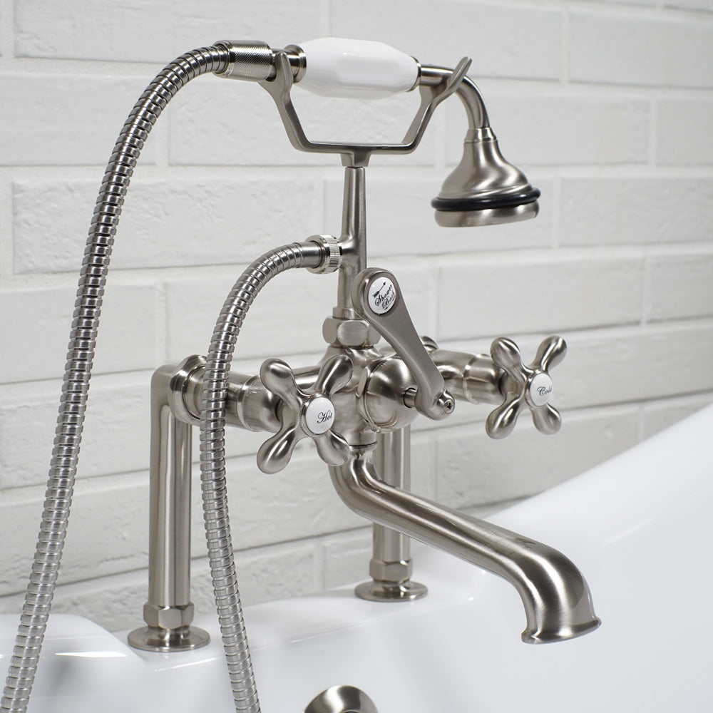 “Victoriana Deck Mounted British Telephone Style Tub Faucet” with Handheld Shower in Brushed Nickel