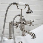 “Victoriana Deck Mounted British Telephone Style Tub Faucet” with Handheld Shower in Brushed Nickel