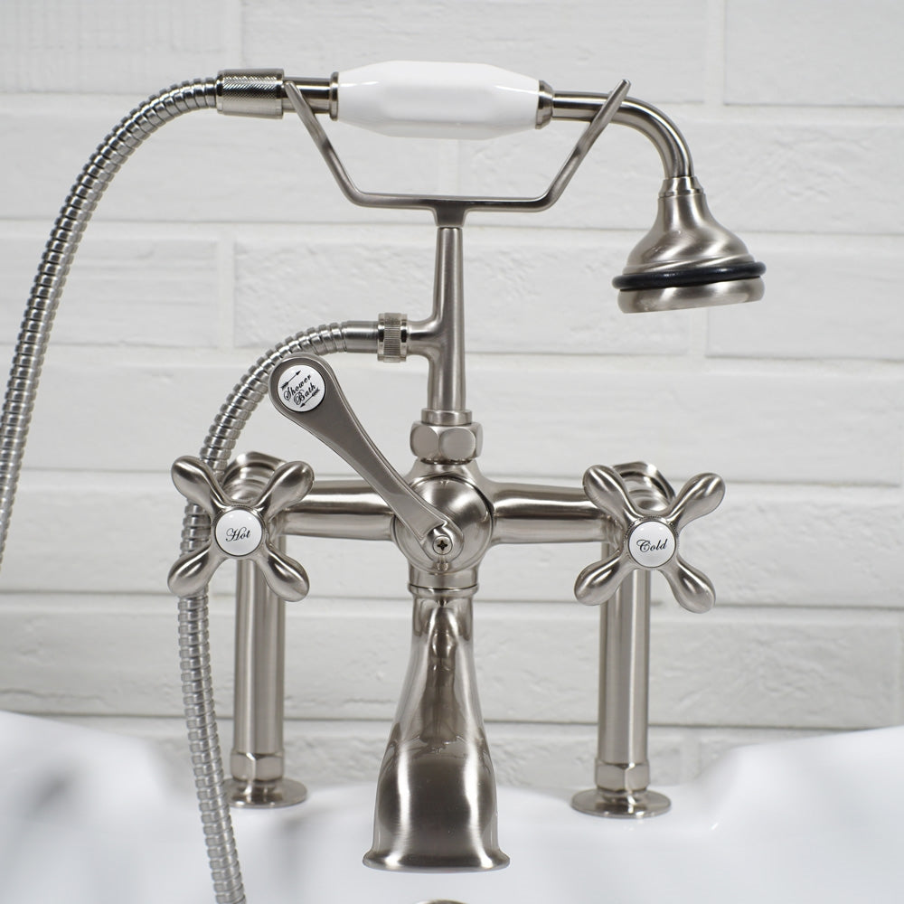 “Victoriana Deck Mounted British Telephone Style Tub Faucet” with Handheld Shower in Brushed Nickel