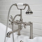 “Victoriana Deck Mounted British Telephone Style Tub Faucet” with Handheld Shower in Brushed Nickel