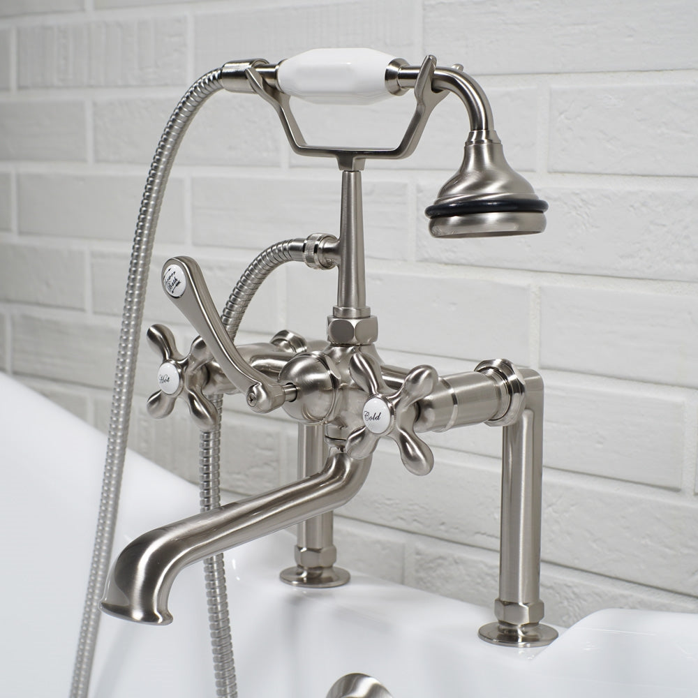 “Victoriana Deck Mounted British Telephone Style Tub Faucet” with Handheld Shower in Brushed Nickel