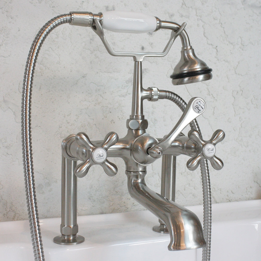 “Victoriana Deck Mounted British Telephone Style Tub Faucet” with Handheld Shower in Brushed Nickel