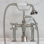“Victoriana Deck Mounted British Telephone Style Tub Faucet” with Handheld Shower in Brushed Nickel