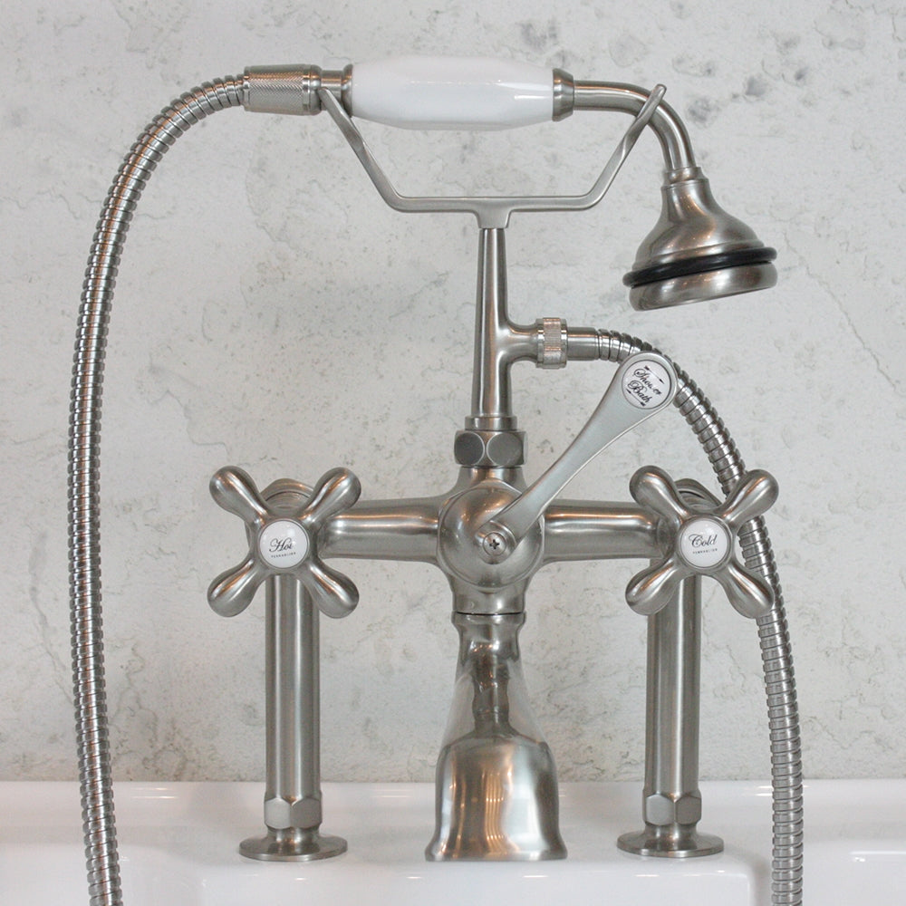 “Victoriana Deck Mounted British Telephone Style Tub Faucet” with Handheld Shower in Brushed Nickel