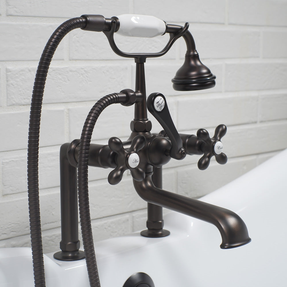 “Victoriana Deck Mounted British Telephone Style Tub Faucet” with Handheld Shower in Matte Black