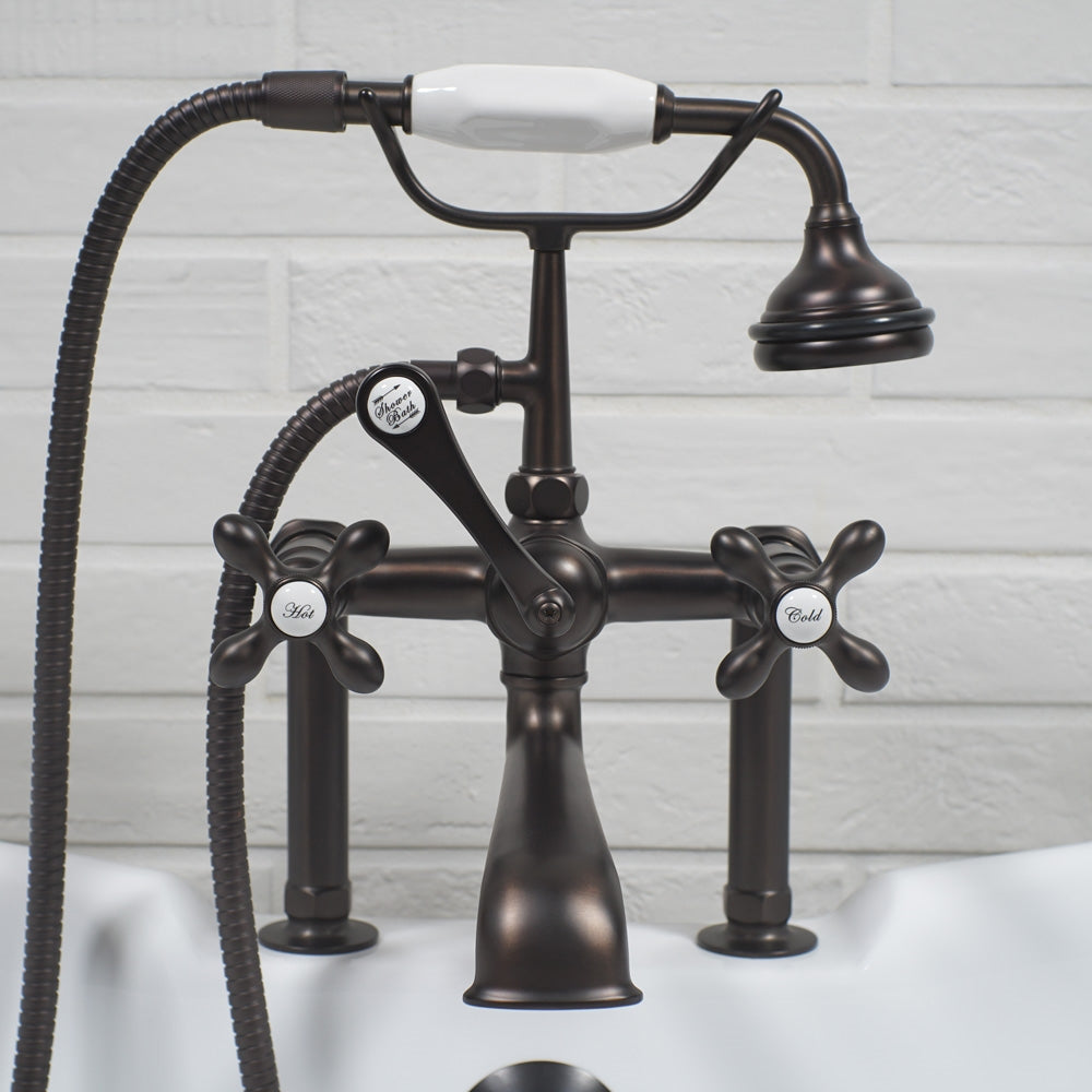 “Victoriana Deck Mounted British Telephone Style Tub Faucet” with Handheld Shower in Matte Black