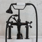 “Victoriana Deck Mounted British Telephone Style Tub Faucet” with Handheld Shower in Matte Black