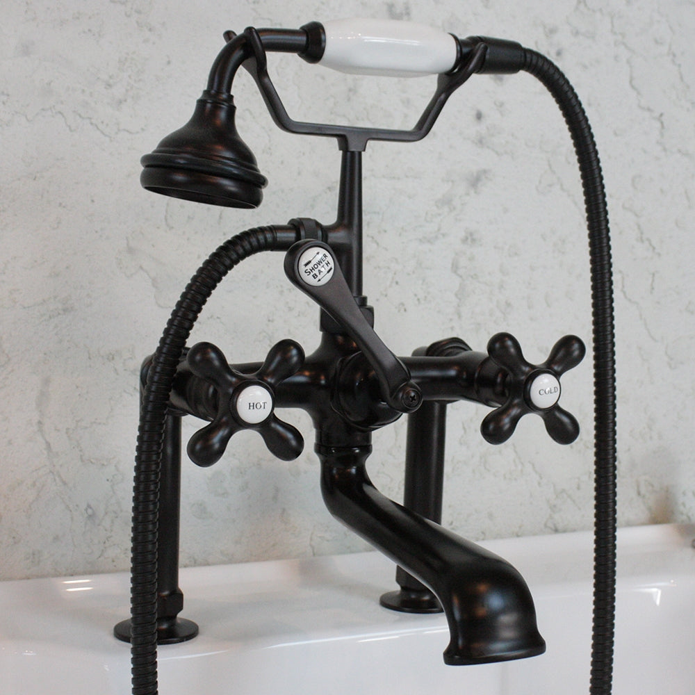 “Victoriana Deck Mounted British Telephone Style Tub Faucet” with Handheld Shower in Matte Black