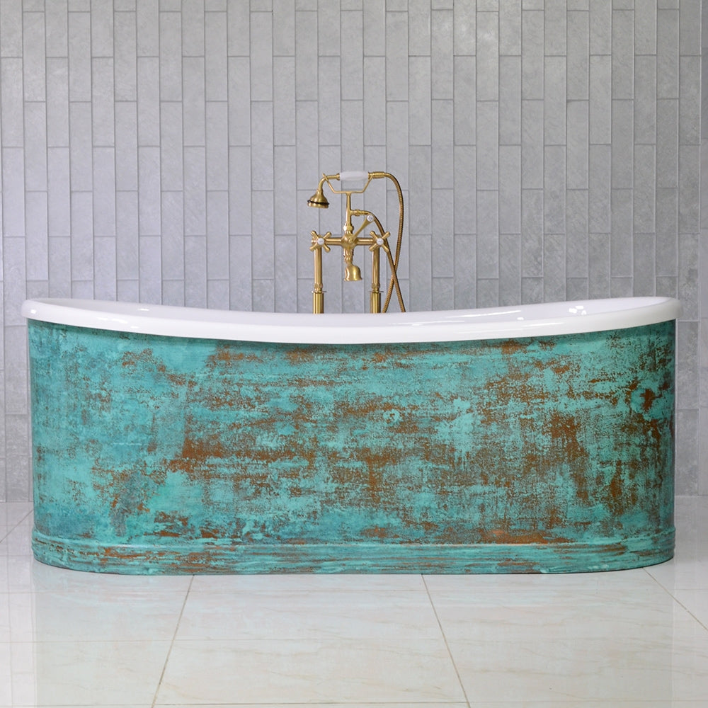 “SanSiro Marseille W67VG” 67 Inch “Water Jetted” Verdigris Aged Solid Copper Shell French Bateau Bathtub with 3/4" Thick CoreAcryl Acrylic Interior