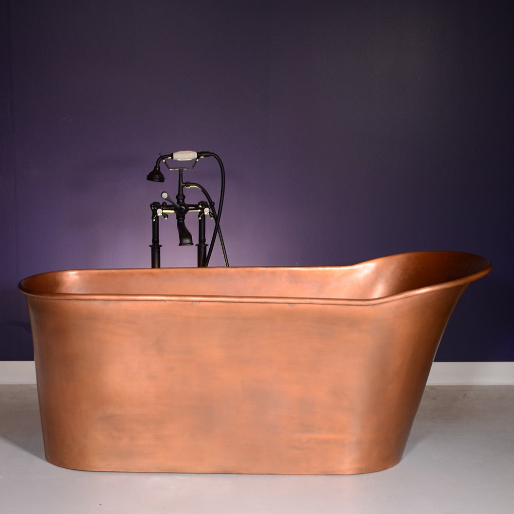 “SanSiro Wild West 59LA ” 59 inch “Soaker” Pure Copper Freestanding Single Slipper Pedestal Bathtub with Lightly Aged Finish