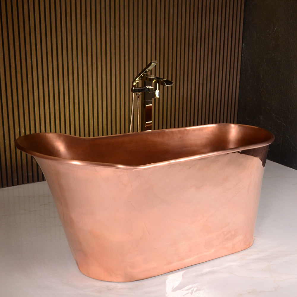 “SanSiro Wild West 59PC ” 59 inch “Soaker” Pure Copper Freestanding Single Slipper Pedestal Bathtub with Mirror Polished Exterior and Light Aged Interior