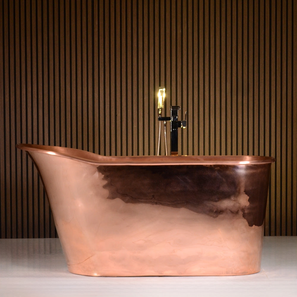 “SanSiro Wild West 59PC ” 59 inch “Soaker” Pure Copper Freestanding Single Slipper Pedestal Bathtub with Mirror Polished Exterior and Light Aged Interior