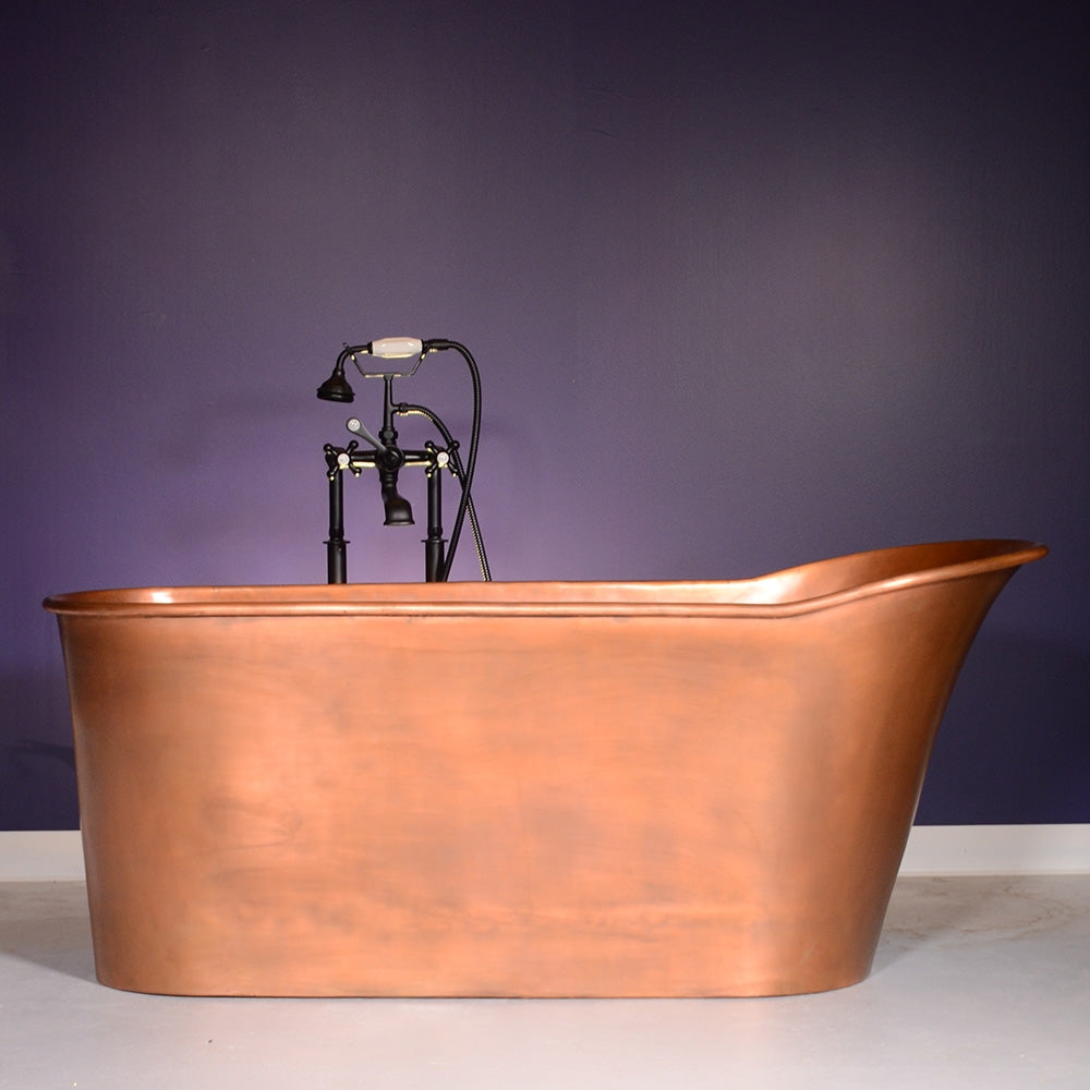 “SanSiro Wild West 67LAAir ” 67 inch “Warmed Air Jetted” Pure Copper Freestanding Single Slipper Pedestal Bathtub with Light Aged Finish