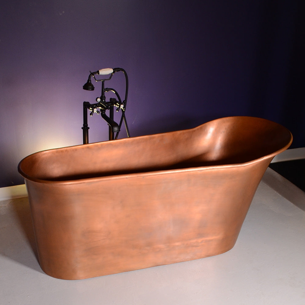 “SanSiro Wild West 67LA ” 67 inch “Soaker” Pure Copper Freestanding Single Slipper Pedestal Bathtub with Lightly Aged Finish