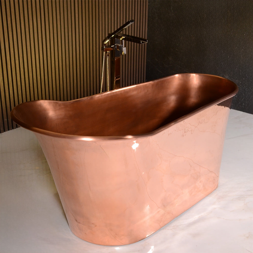 “SanSiro Wild West 67PC ” 67 inch “Soaker” Pure Copper Freestanding Single Slipper Pedestal Bathtub with Mirror Polished Exterior and Light Aged Interior